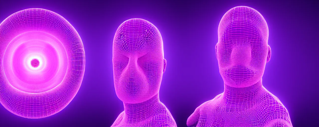 Prompt: man covered with a fractal structure from whose eyes comes a purple glow, realistic 3 d render, octane render 4 k