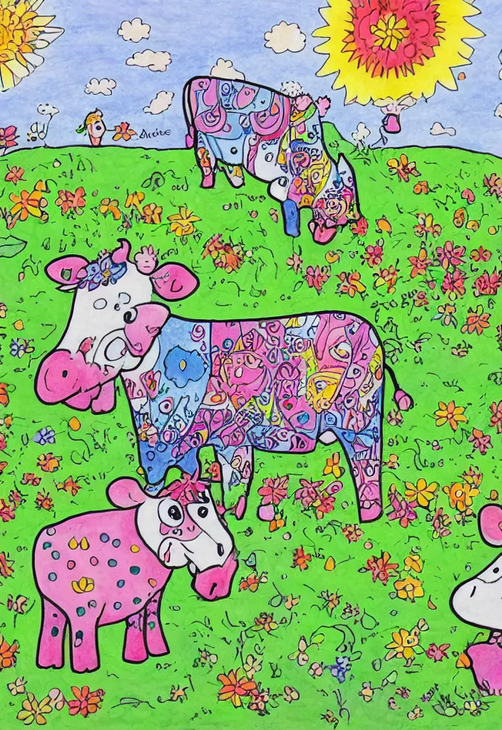 Prompt: a colouring page with a happy cow on a new zealand farm by axel scheffler