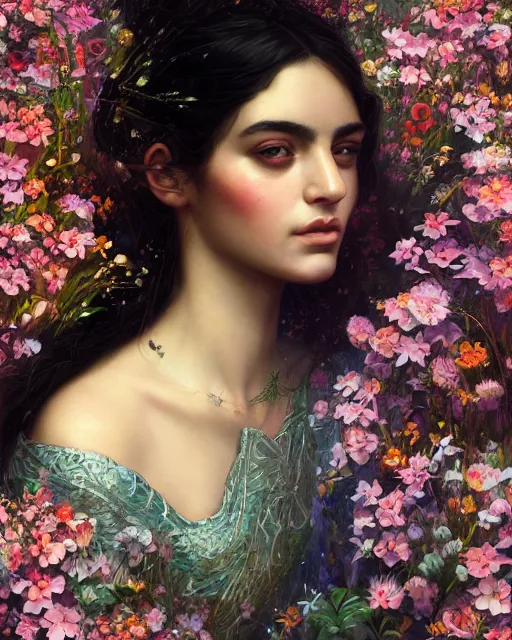 Image similar to portrait of a middle eastern girl, surrounded by flowers by karol bak, james jean, tom bagshaw, rococo, sharp focus, trending on artstation, cinematic lighting, hyper realism, octane render, 8 k, hyper detailed.