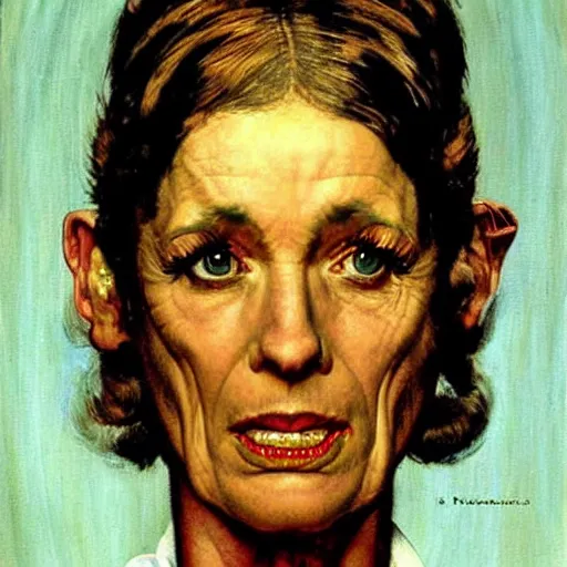 Image similar to Frontal portrait of a crazy sci-fi woman. A painting by Norman Rockwell.