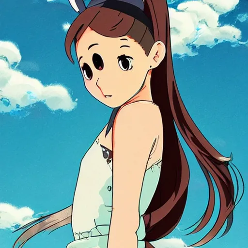 Image similar to Ariana Grande, flowing hair. in the style of Studio Ghibli, trending on artstation