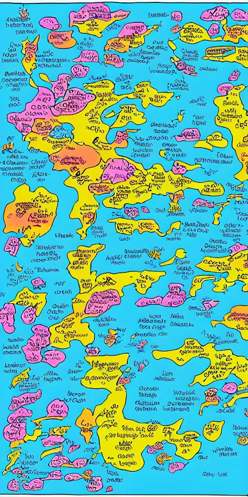 Prompt: infographic map of a heavenly realm split into regions with population information and statistics in the style of a three dimensional map highly detailed digital saturated colors full color inked drawn by bob ross and lisa frank