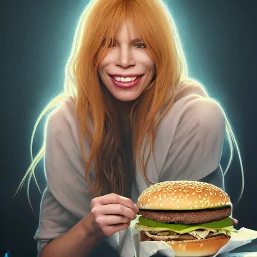 Prompt: portrait of Carly Simon eating big mac hamburgers, extra onions and ketchup, hyperdetails, displacement mapped octane render, luscious patty with sesame seeds, ethereal, handsome, D&D, fantasy, intricate, elegant, highly detailed, digital painting, artstation, concept art, matte, sharp focus, illustration, art by Artgerm and Greg Rutkowski and Alphonse Mucha