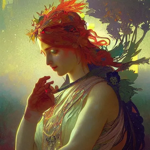 Image similar to the beautiful solarpunk phoenix, aesthetic red bird, volumetric light, bokeh, painting by greg rutkowski by alphonse mucha