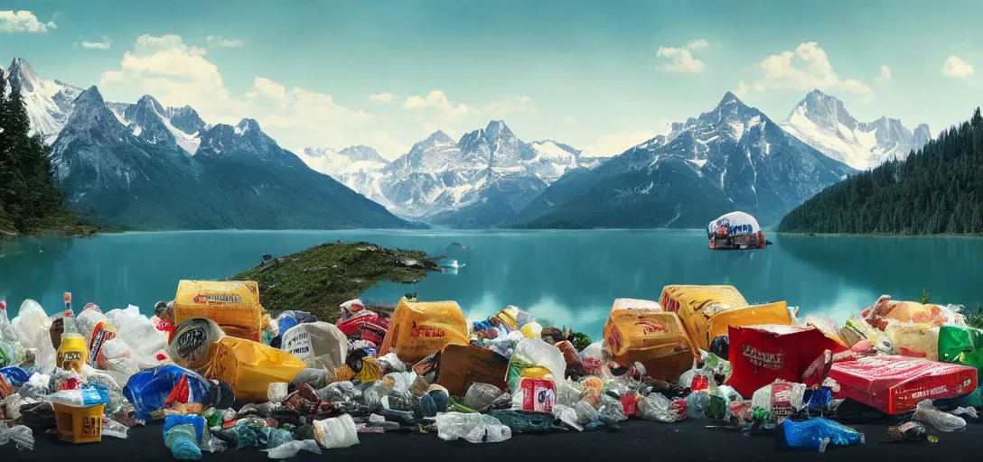 Image similar to a very high resolution image from a new movie. mountains, lake, garbage plastic, fast food, photorealistic, photography, directed bywes anderson