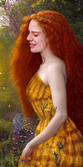 Image similar to lovely woman, serene smile surrounded by golden firefly lights, amidst nature fully covered by a intricate detailed dress, long red hair, precise linework, accurate green eyes, small nose with freckles, smooth oval shape face, empathic, expressive emotions, dramatic lights spiritual scene, hyper realistic ultrafine art by artemisia gentileschi, jessica rossier, boris vallejo