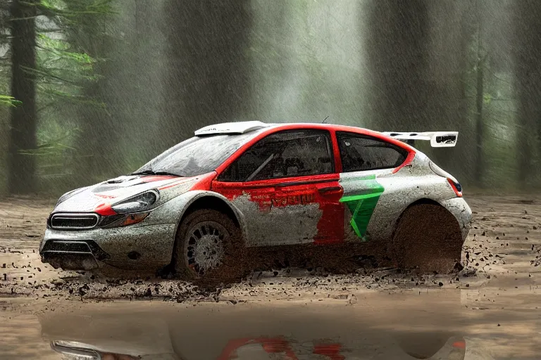 Prompt: a rally car splashing thru a mud puddle in a forest. Digital art, extremely detailed, artstation, motion blur, mist