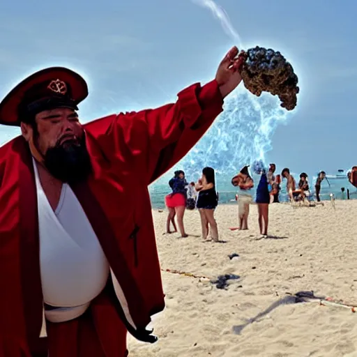 Image similar to admiral fujitora summoning a meteor at jova beach party to incinerate the attenders