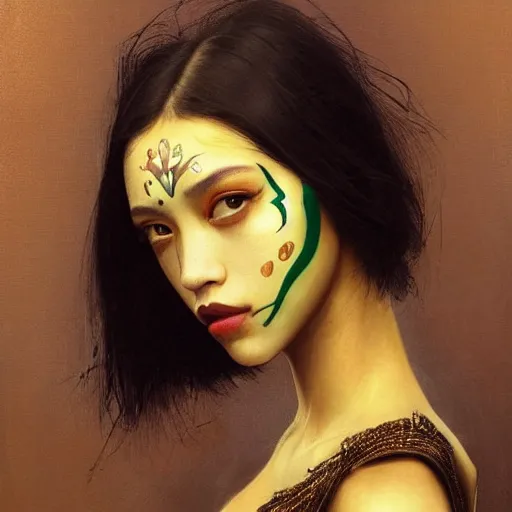 Image similar to Kiko Mizuhara body and face painted gold all over, physically accurate, very very very dramatic dynamic lighting, intricate, elegant, highly detailed, digital painting, artstation, very hyperrealistic, HR GIGER, Hieronymus Bosch, Francis Bacon, concept art, smooth, sharp focus, illustration, art by artgerm and greg rutkowski and alphonse mucha