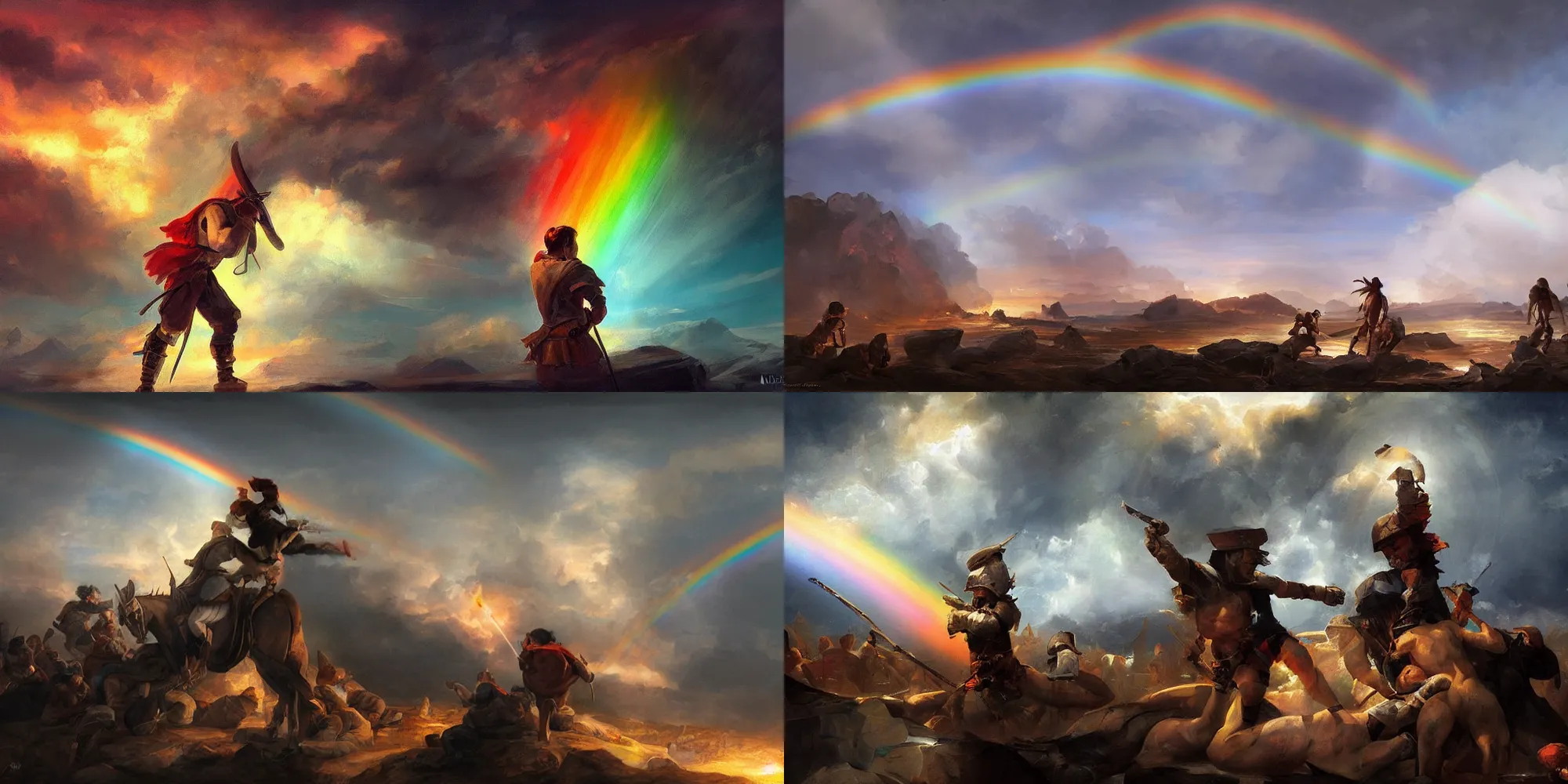 Prompt: in the heat of the fight i search for the light, rainbow is painting the sky, digital painting, concept art, history painting, illustration, epic, by diego velazquez