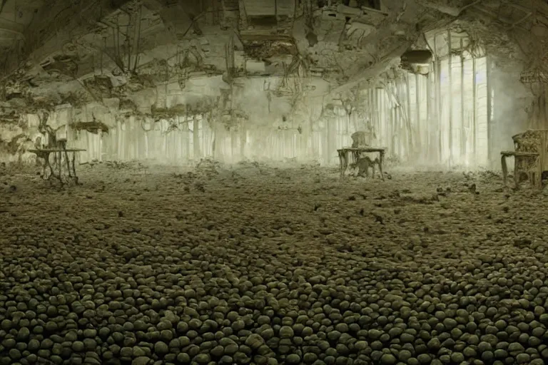 Image similar to inside of a room at Willy Wonka’s chocolate factory where bodies are burnt, film still from the movie directed by Denis Villeneuve with art direction by Zdzisław Beksiński, wide lens