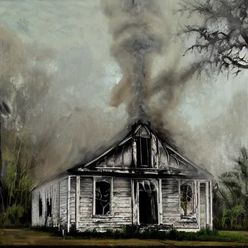 Image similar to a burning old wooden white church, in a bayou, louisiana, southern gothic, painted by greg ratwoski