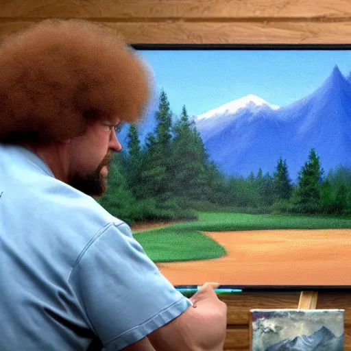 Image similar to a closeup photorealistic photograph of bob ross painting an image of kenny powers pitching a baseball on a canvas. mountains and trees. film still. brightly lit scene. this 4 k hd image is trending on artstation, featured on behance, well - rendered, extra crisp, features intricate detail, epic composition and the style of unreal engine.