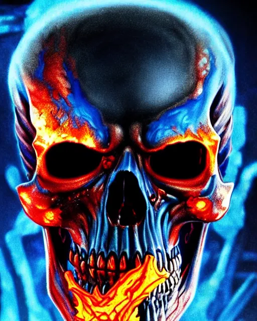 Image similar to blue fiery eyes spawn - terminator skull - ghost rider - hybrid, supervillains, intricate artwork, concept art, eyes octane render, deviant art, cinematic, key art, hyperrealism, iridescent accents, portrait photograph, in hell, nikon 3 5 mm, ridley scott, frank miller, moebius, dan mumford, jim lee