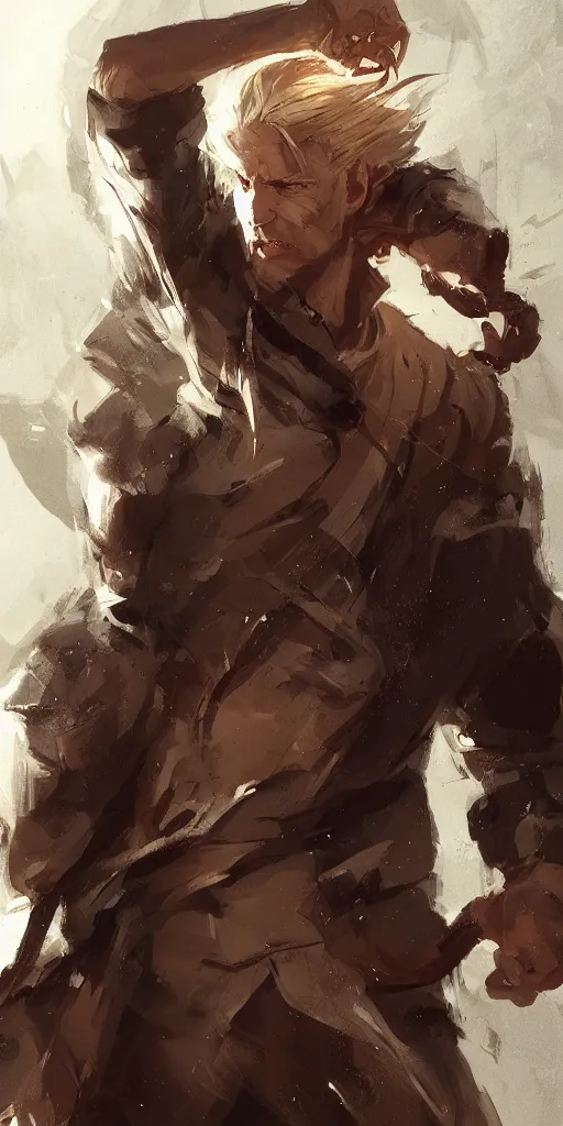 Prompt: portrait of a muscular, grim, ponytail haired blonde man in his late 30's, wearing a thick brown leather coat, looking to his side, hunter, DnD character, fantasy character, dramatic lighting, digital art by Ruan Jia, Krenz Cushart, Rossdraws and Boris Vallejo