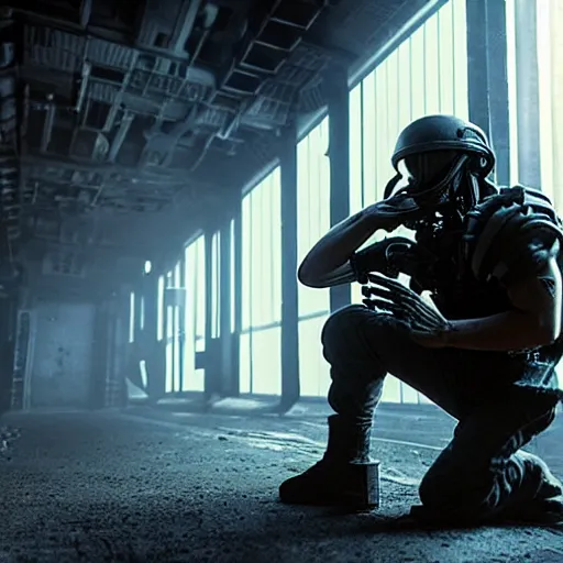 Prompt: full body, slav squat mercenary with tactical chest armor from the movie aliens taking a smoke break, tank top, oily skin, relaxed in a dark industrial hallway, cine still from the movie aliens, single source dramatic lighting, whispy smoke