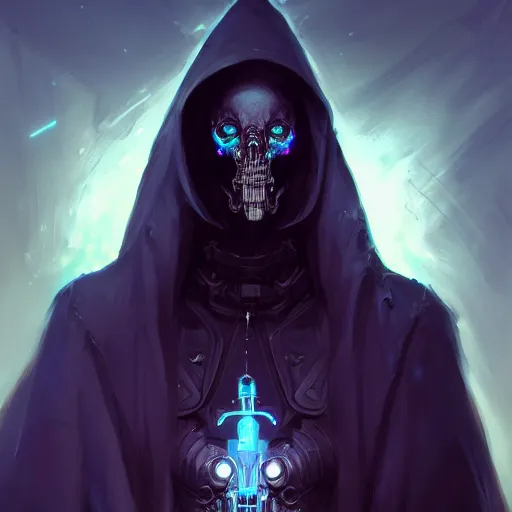 Image similar to a portrait of a menacing cybernetic grim reaper in black cloak, cyberpunk concept art by pete mohrbacher and wlop and artgerm and josan gonzales, digital art, highly detailed, intricate, sci-fi, sharp focus, Trending on Artstation HQ, deviantart, unreal engine 5, 4K UHD image