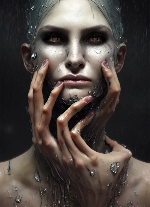 Image similar to a full body perspective of a creepy preistess of moody elemental darkness, crooked nose, wet, fantasy, shiny, intricate, elegant, highly detailed, ultra definition, digital painting, artstation, vray, concept art, smooth, high speed photography, illustration, art by artgerm and greg rutkowski and alphonse mucha and james jean