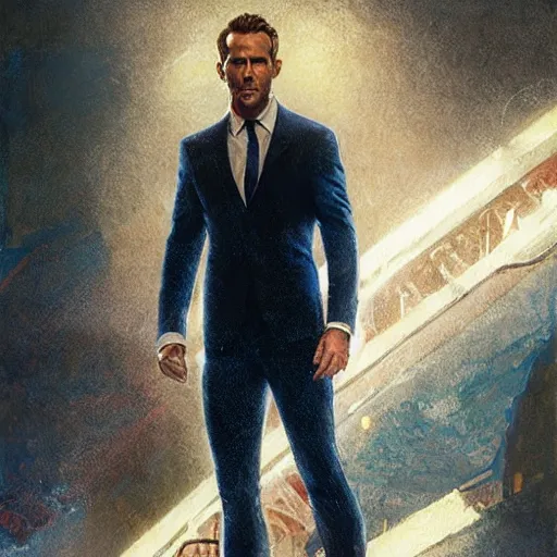 Image similar to ryan reynolds as spider - man, wearing a black and blue suit, cinematic, volumetric lighting, f 8 aperture, cinematic eastman 5 3 8 4 film, photorealistic by greg rutkowski, by stanley artgerm, by alphonse mucha