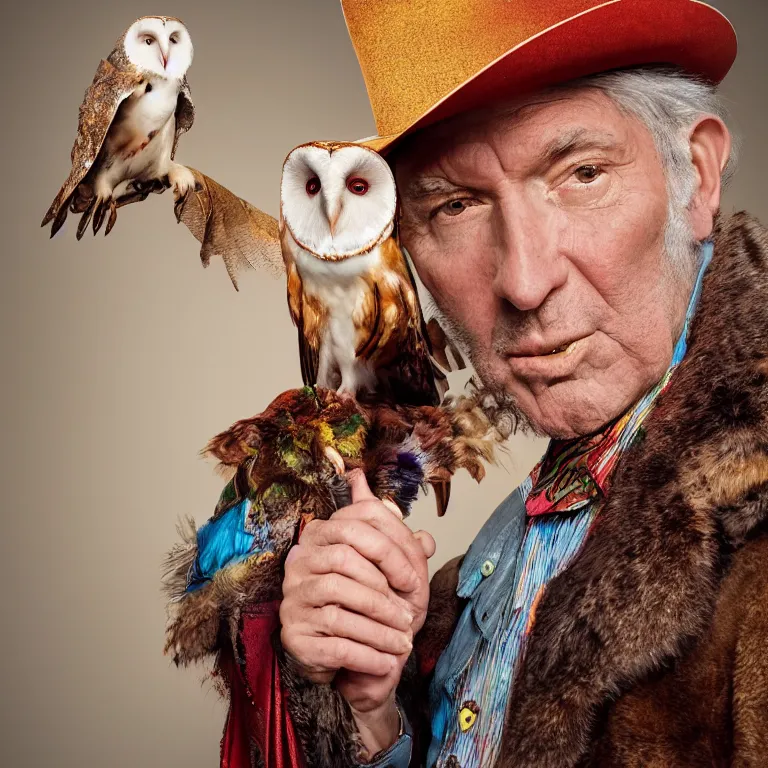 Image similar to high fashion photoshoot octane render portrait by wayne barlow and carlo crivelli and glenn fabry, a distinguished old cowboy wearing a colorful wes anderson designed cowboy costume and holding a barn owl inside a high - end exotic colorful pastel vintage boutique hotel lounge, very short depth of field, bokeh