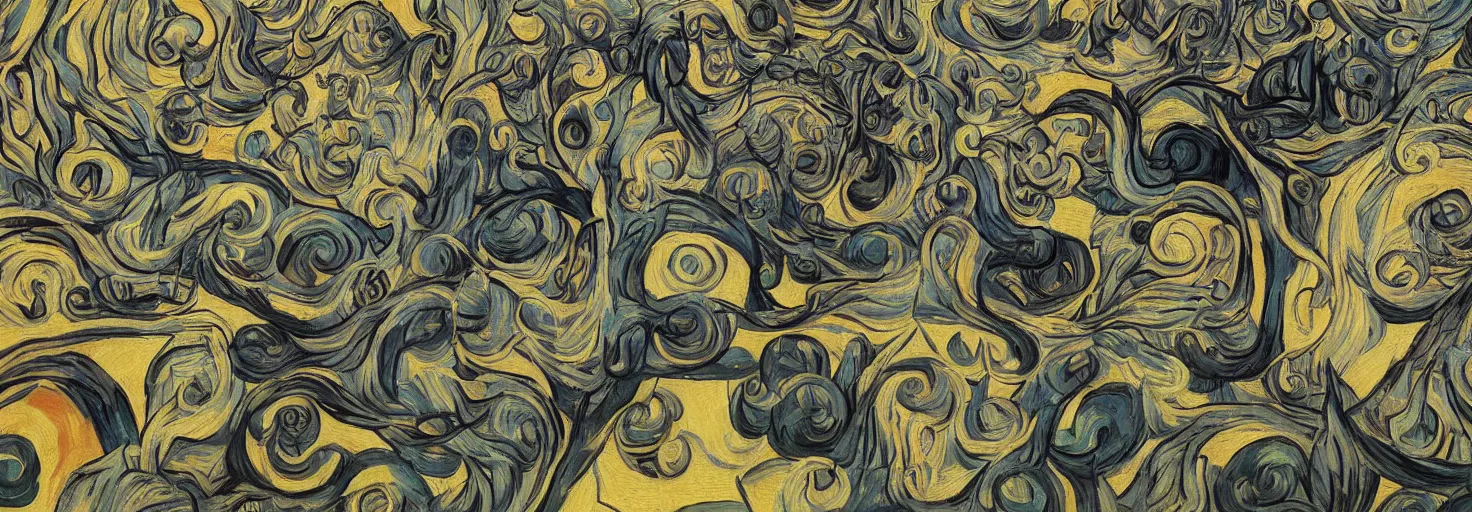 Image similar to Mural of AI art raising by Van Gogh and M. C. Escher collaboration, digital art, mix of aesthetics, close up, high details