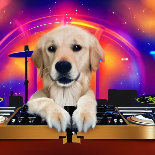 Image similar to a DJ Golden Retriever playing at a nightclub, digital art