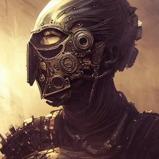 Image similar to Very very very very highly detailed epic photo of face with venetian mask, intricate, dystopian, sci-fi, extremely detailed, digital painting, artstation, concept art, smooth, sharp focus, illustration, intimidating lighting, incredible art by Greg Rutkowski and Jakub Rozalski and Artgerm and Anton Pieck