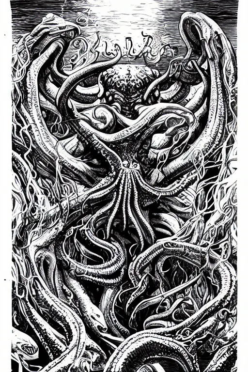 Image similar to cthulhu rising from the water, movie poster, black ink on paper, trending on artstation, beautiful, intricate, detailed