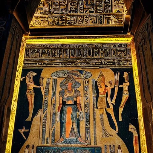 Image similar to of cleopatra with detailed tattoos sitting on a throne in egypt in a huge cathedral adorned with hieroglyphs. the whole scene lit by fire lamps very cinematic epic scene