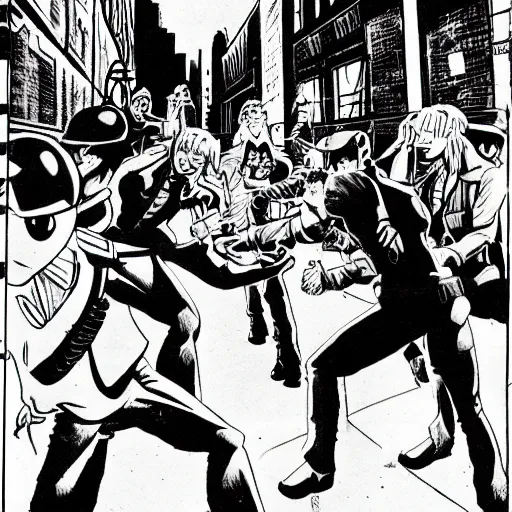 Image similar to 1 9 8 0's adult cartoon, a group of ninja vampire teenagers beating up a crowd of evil cowboy robots inside a new york city alleyway, dramatic lighting, moody