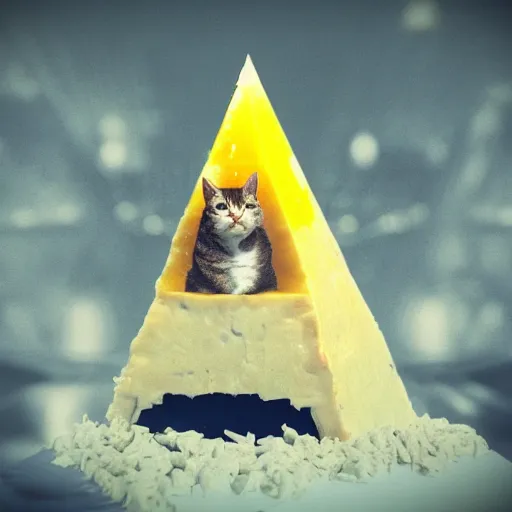 Image similar to Pyramid made of cheese, with a cat head on top, a giant guitar being played, atmospheric octane render