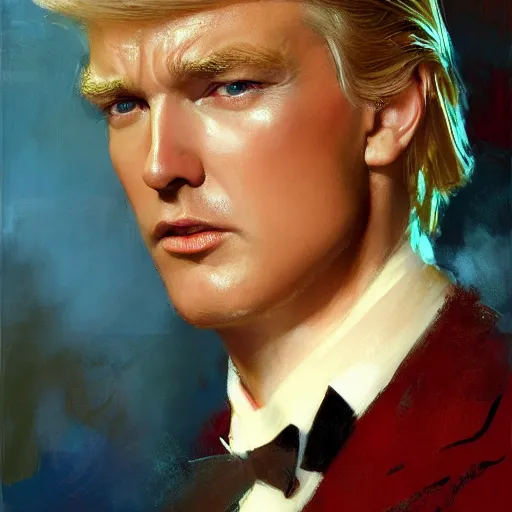 Prompt: detailed cinematic wide shot of beautiful attractive donal trump slim face symettrical face clean skin blue eyes black robe smooth, sharp focus, ultra realistic, spring light, painting by gaston bussiere, craig mullins, j. c. leyendecker