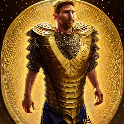 Image similar to Lionel Messi wearing a beautiful golden armor, D&D, fantasy, intricate, elegant, highly detailed, digital painting, artstation, concept art, matte, sharp focus, illustration, art by Artgerm and Greg Rutkowski and Alphonse Mucha