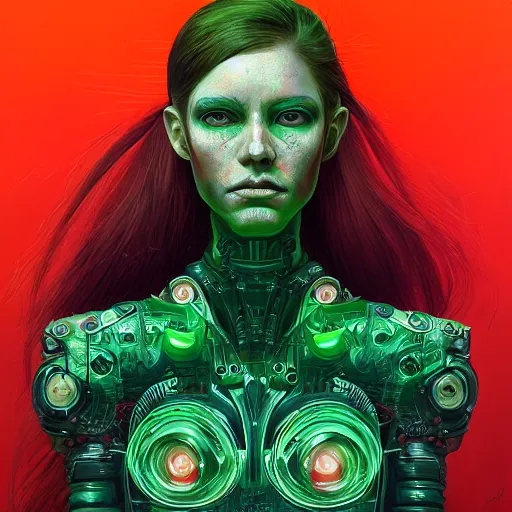 Image similar to a portrait of a beautiful cyborg girl, red hair, glowing green eyes, urban motifs, intricate, elegant, highly detailed, digital painting, trending on artstation, concept art, smooth sharp focus, illustration, art by james jean and zdzisław beksinski