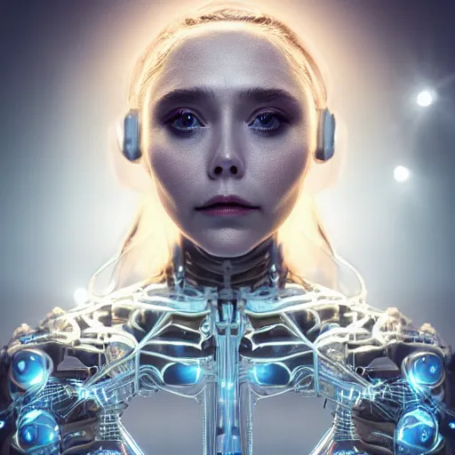 Image similar to beautiful centered Fine art photo portrait of enraptured Elizabeth Olsen as a solarpunk robotic humanoid, white mechanical parts with led lights, photorealistic, white background, highly detailed and intricate, sunset lighting, HDR 8k