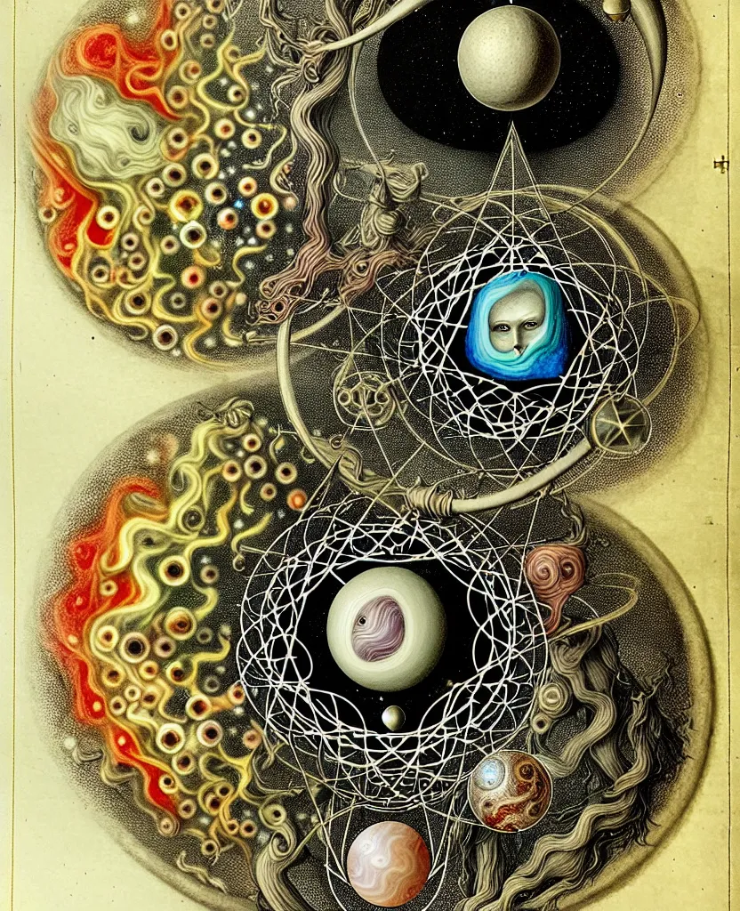 Image similar to whimsical uncanny creature alchemizes unique canto about'as above so below'being ignited by the spirit of haeckel and robert fludd, breakthrough is iminent, glory be to the magic within, to honor jupiter, painted by ronny khalil