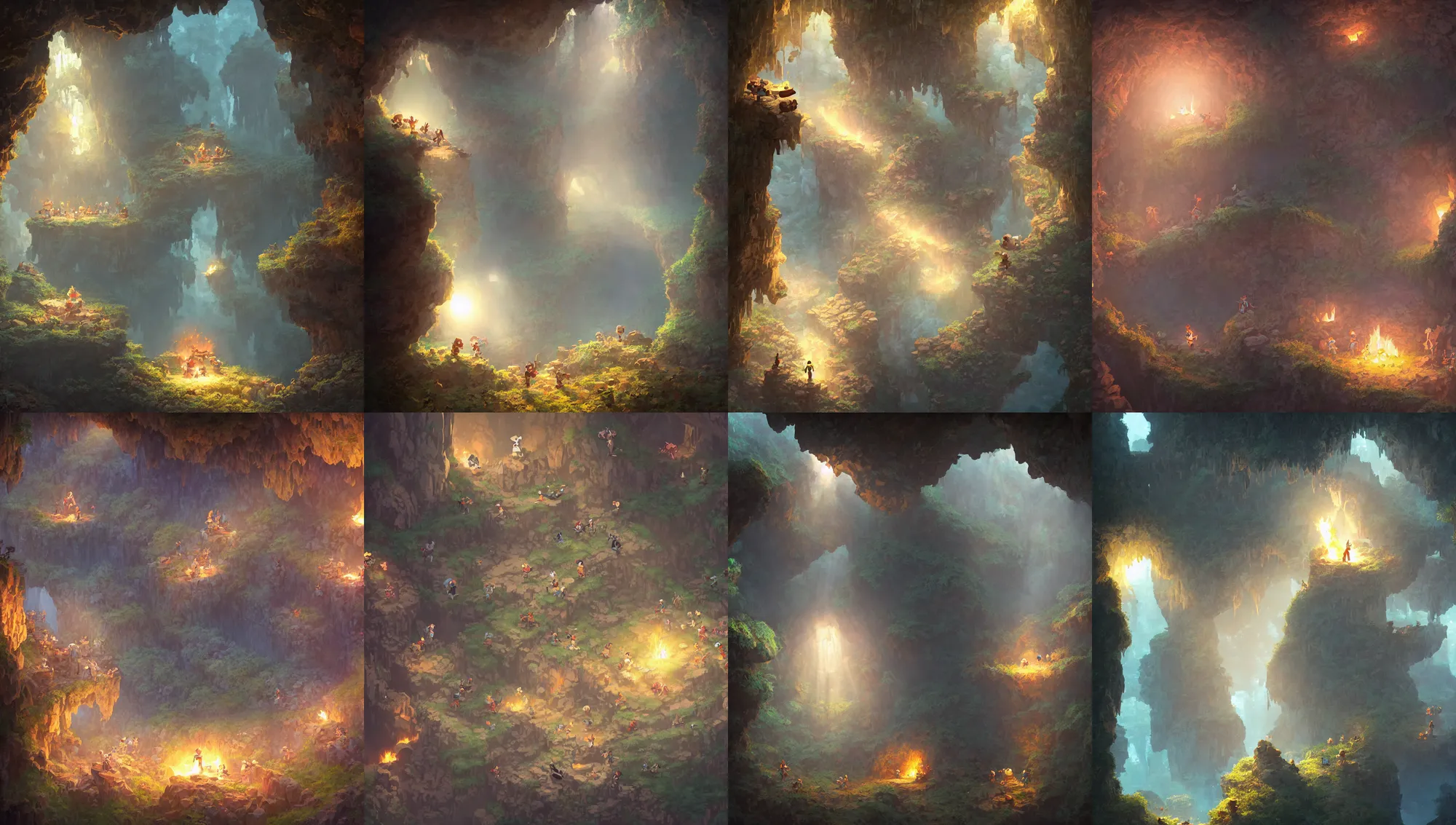 Image similar to 2 d platformer, inside of a fire lit cave, pre - historic cave man family, intricate, cave, diamond prisms, morning sun - rays, wlop, greg rutkowski, steve argyle, ilya kuvshinov, rossdraw, daniel f. gerhartz,