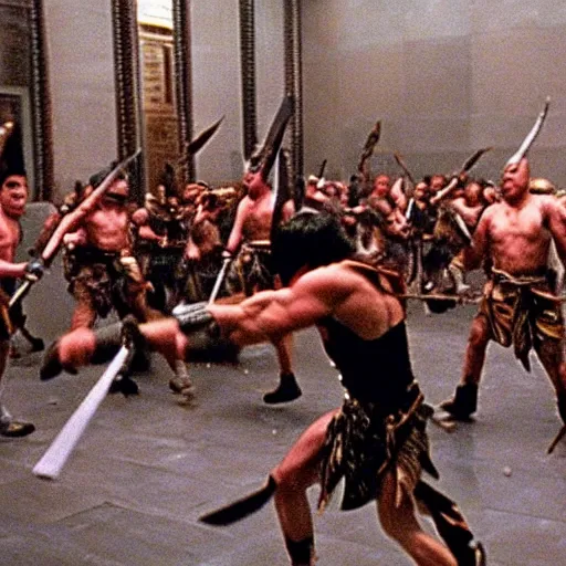 Prompt: Hoplites against Persians in American Psycho (1999)