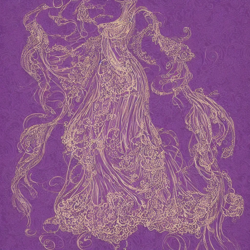 Prompt: purple dress design in the style of rococo ,Victorian era，jellyfish element,Goldenlace,dreamy, soft ,Backlight ,luminescence,Aetherpunk,highly detailed,8k