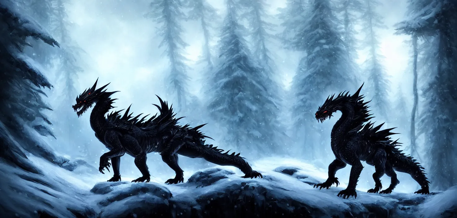 Prompt: handsome cute black dragon in snowy forest, dnd character, cinematic view, epic sky, detailed, concept art, low angle, high detail, warm lighting, volumetric, godrays, vivid, beautiful, trending on artstation, by jordan grimmer, huge scene, grass, art greg rutkowski