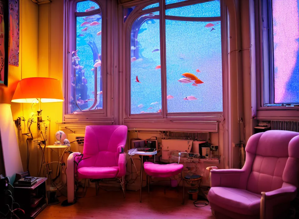 Image similar to telephoto 7 0 mm f / 2. 8 iso 2 0 0 photograph depicting the feeling of chrysalism in a cosy cluttered french sci - fi ( art nouveau ) cyberpunk apartment in a pastel dreamstate art cinema style. ( aquarium, computer screens, window ( city ), led indicator, lamp ( ( ( armchair ) ) ) ), ambient light.