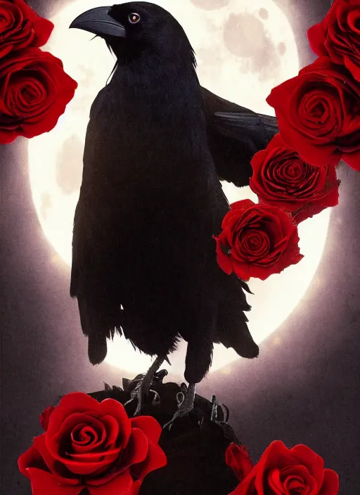 Image similar to portrait, A crow with red eyes in front of the full big moon, book cover, red roses, red white black colors, establishing shot, extremly high detail, foto realistic, cinematic lighting, by Yoshitaka Amano, Ruan Jia, Kentaro Miura, Artgerm, post processed, concept art, artstation, raphael lacoste, alex ross, portrait, A crow with red eyes in front of the full big moon, book cover, red roses, red white black colors, establishing shot, extremly high detail, foto realistic, cinematic lighting, by Yoshitaka Amano, Ruan Jia, Kentaro Miura, Artgerm, post processed, concept art, artstation, raphael lacoste, alex ross