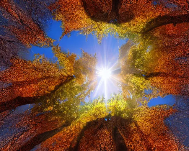 Prompt: Overgrown tree, low camera angle, looking up, light shinning through the leaves of the tree, peak autumn, immaculate scale, matte painting, digital art