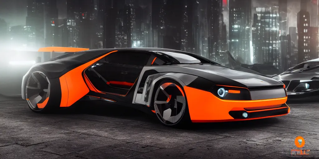 Image similar to a design of a futuristic DMC Delorian, designed by Polestar, blade runner background, back view, emerald car paint with bright orange accent detailing, black windows, sportscar, black show room, dramatic lighting, octane rendering, unreal engine rendering, hyper realistic render, depth of field, octane rendering