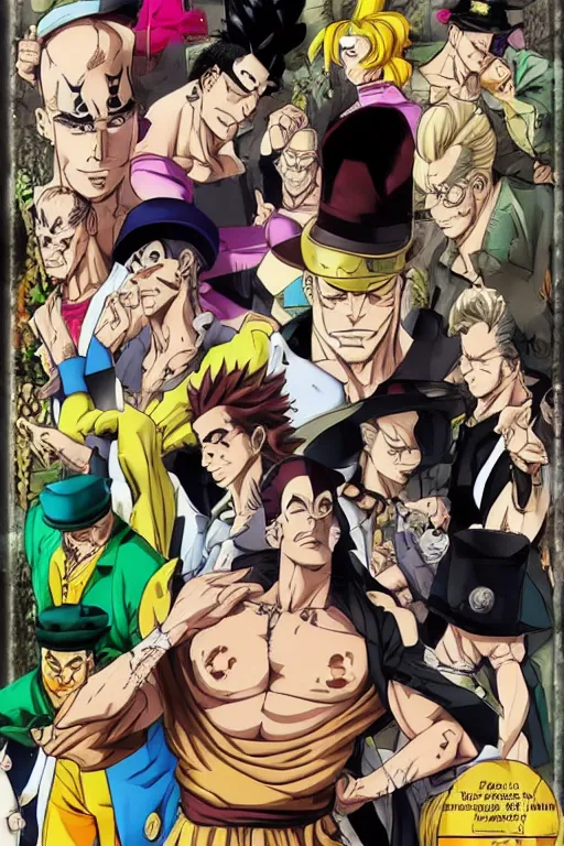 Prompt: jojo's bizarre adventure, jotaro kujo, kakyoin noriyaki, muhammad avdol, jean pierre polnareff, joseph joestar, manga