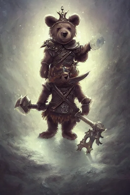 Image similar to cute little anthropomorphic bear knight wearing a cape and a crown, tiny, small, miniature bear, baby animal, short, pale blue armor, cute and adorable, pretty, beautiful, DnD character art portrait, matte fantasy painting, DeviantArt Artstation, by Jason Felix by Steve Argyle by Tyler Jacobson by Peter Mohrbacher, cinematic lighting