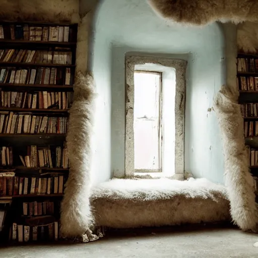 Image similar to Sheepskin lined walls. A pale, blue-veined ceiling. An old bed. Shelves of books and scrolls. The room was a small one in the corner of the Keep's oldest wing. The whiskered face of a gray cat gazed from a window as she sank into it. Her hands were still shaking. But now they trembled with anger more than fear.