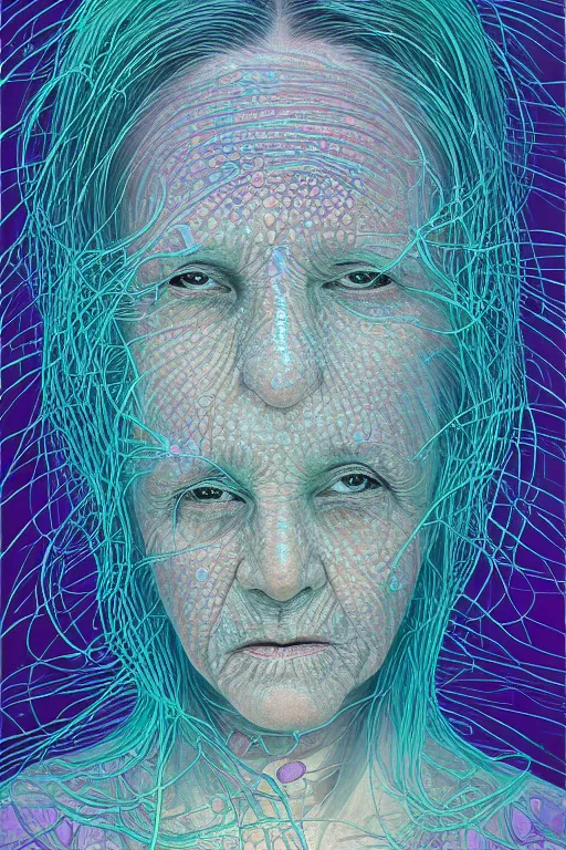 Image similar to dark underwater portrait of one bioluminescent old woman, with cracked reaction diffusion semi - transparent skin. multicolored fish scales, face closeup. long intricate dark hair. good face proportions. with many jellyfishes. very high detail, illustration, by alex grey and ilya kuvshinov