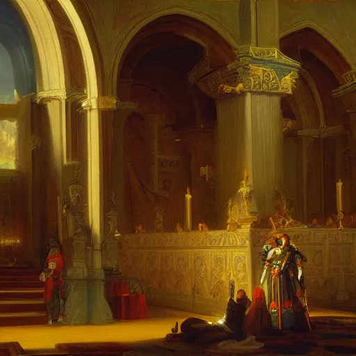 Image similar to an oil painting of a knight wearing plate armor in a church, 4 k, highly detailed, painted by thomas cole