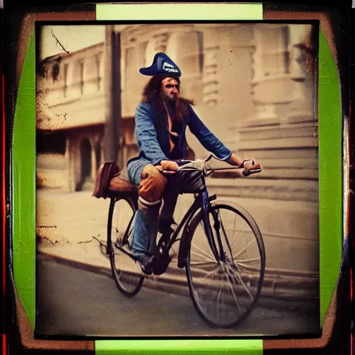 Image similar to 1970s Polaroid photo of a pirate on a bicycle, ultra realistic, cinematic, octane rendered, 8k, highly detailed, moody, photography, Polaroid